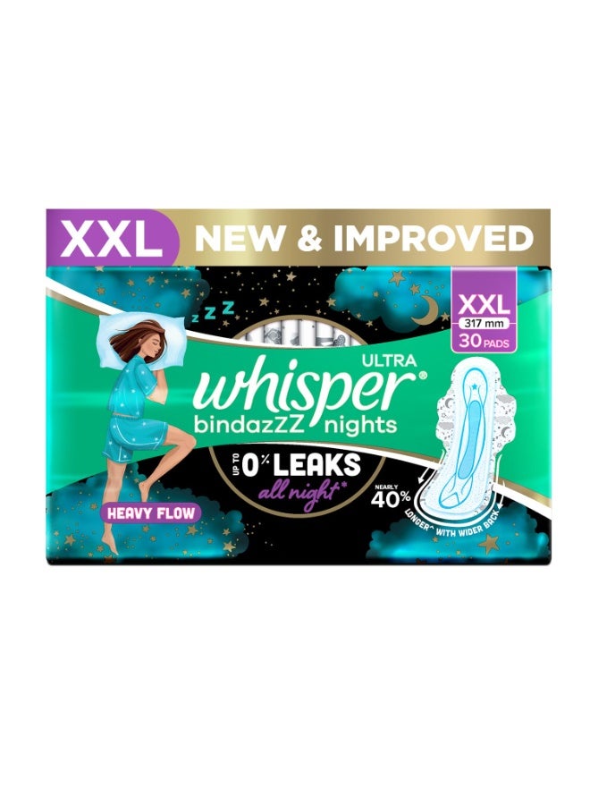 Whisper Bindazzz Nights 30 XXL Sanitary Pads, Upto 0% Leaks All Night Long, For Heavy Flow, Nearly 40% Longer with Wider Back, Active odor lock so you feel fresh, Disposable Wrapper - Image 3